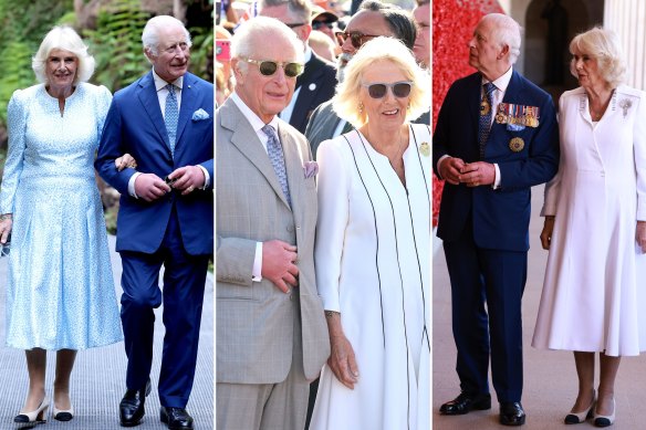 Queen Camilla carrying her sunglasses in a new dress from UK designer Fiona Clare with King Charles at the National Botanic Gardens in Canberra; the King in Moscot sunglasses and the Queen with her Izipizi sunglasses and Fiona Clare dress at the Sydney Opera House; and at the War Memorial in Canberra, Queen Camilla in a dress by Anna Valentine.