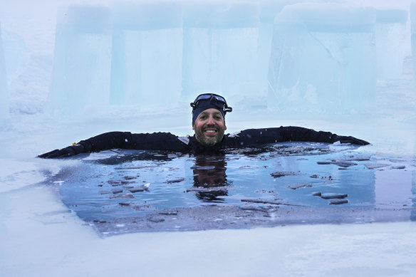 From one extreme to another: Blaine in the icy water of Lake Kilpisjärvi in Finland.