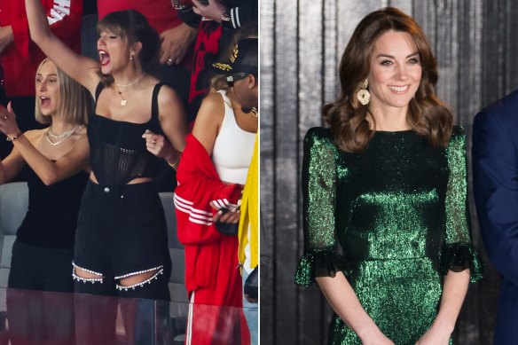 Taylor Swift, left, wearing a corset by Dion Lee at the Super Bowl earlier this year, and the Duchess of Cambridge, right, in a dress by The Vampire’s Wife.  
