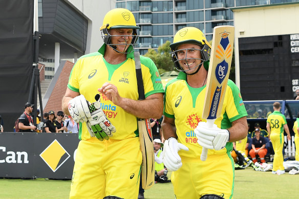 Matthew Hayden and Justin Langer reunited as openers during the bushfire charity match in February 2020.
