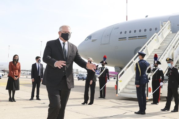 Prime Minister Scott Morrison arrives in Rome for the G20 Summit, before the COP26 climate conference in Glasgow. 