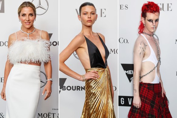 Elsa Pataky in Rebecca Vallance, Georgia Fowler in Gucci and performer Rufus Elliot at the NGV Gala celebrating the opening of the Alexander McQueen exhibition.