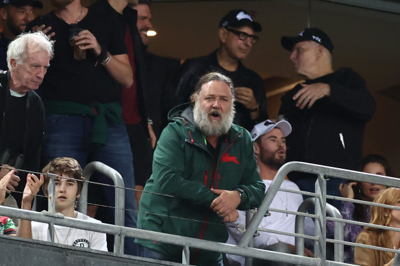 Russell Crowe in the stands at a Souths game with fellow Hollywood stars Chris Hemsworth and Jeff Goldblum.