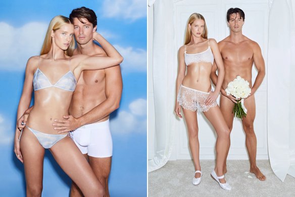 Abby Champion and ‘The White Lotus’ actor Patrick Schwarzenegger for Skims.