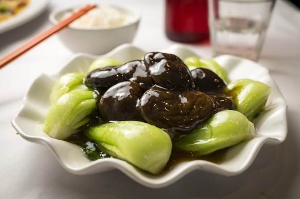 A glistening Chinese mushroom and bok choy stir-fry.