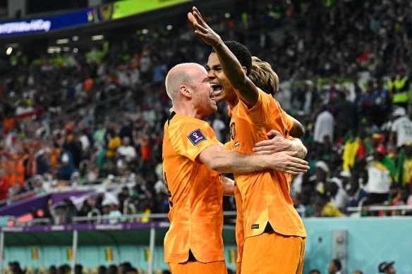 Cody Gakpo celebrates scoring for the Dutch team.