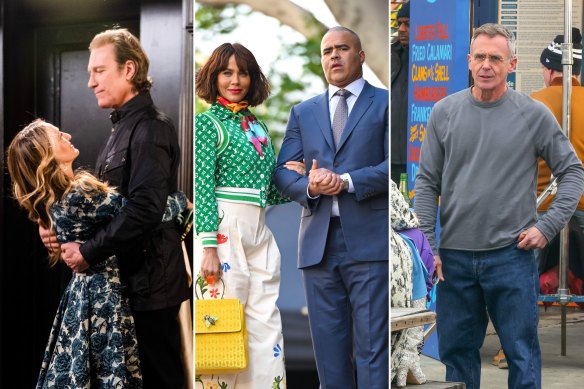 And just like that, the men miss out: Aidan (John Corbett) in a belted Belstaff jacket hugs Carrie (Sarah Jessica Parker); Lisa Todd Wexley (Nicole Ari Parker) with Herbert Wexley (Christopher Jackson); Steve Brady (David Eigenberg ), the ex-husband of Miranda Hobbes.