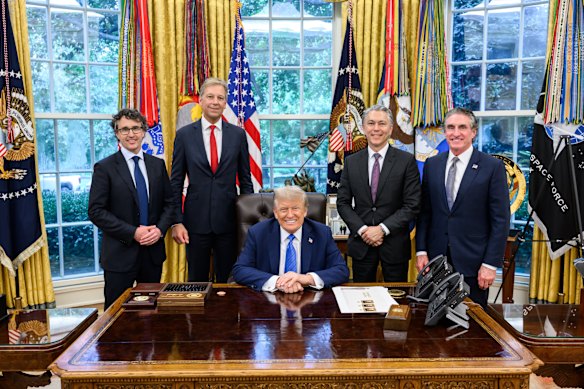 Incoming Rio Tinto chief executive Simon Trott (left), outgoing Rio boss Jakob Stausholm, US President Donald Trump, BHP chief executive Mike Henry and Secretary of the Interior Doug Burgum in the Oval Office.