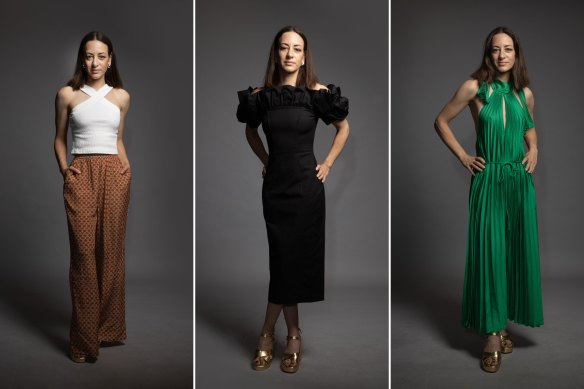 Fashion editor Melissa Singer in the three outfits sent by AI-assisted styling service, Threadicated.