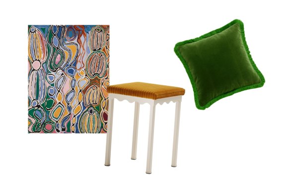 “Majardi” rug; “Bellini” stool; “The Jude” cushion.