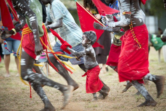 Members of the Yolngu clans perform ceremonial bunggul dances during the Garma Festival in north-east Arnhem Land. Don Watson writes that the Yolngu living around Donydji are “trapped between the need to preserve tradition and the need to create a viable future”.