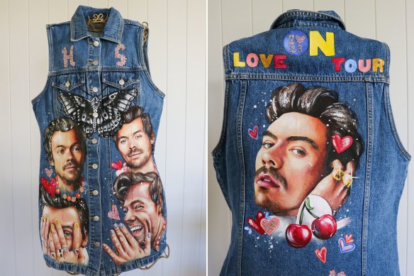 Artist Emily Ingham’s hand-painted denim vest pays tribute to Styles.