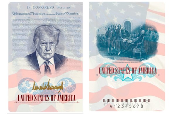 Un rendering fornito dal Dipartimento di Stato mostra un esempio dei passaporti commemorativi “Trump” statunitensi a rilascio limitato che il dipartimento sta preparando in onore del 250° compleanno dell'America.