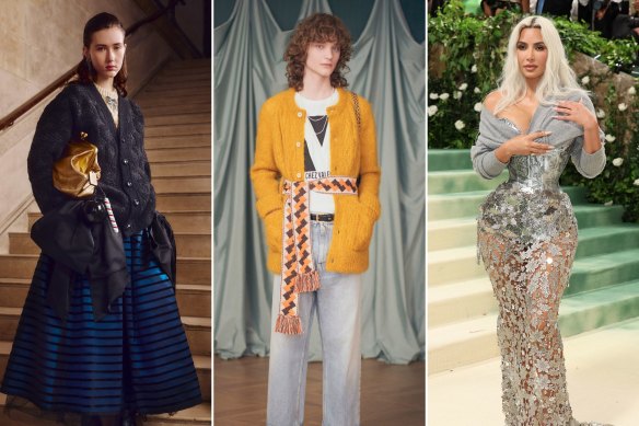 The cardigan comeback: Coach winter 2024 collection; Alessandro Michele’s debut collection for Valentino, resort 2025; Kim Kardashian at the Met Gala in custom Maison Margiela bu John Galliano.