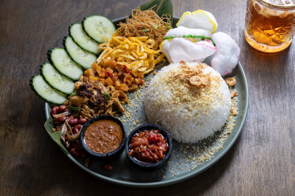 Nasi uduk with dried fish, omelette and chilli-fried potato.