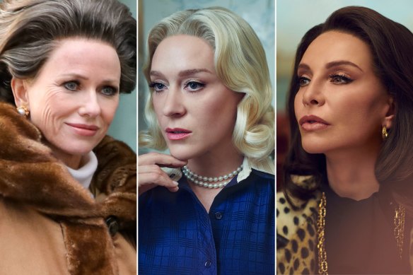 Naomi Watts on the set of the ’Feud as Babe Paley; Chloe Sevigny as CZ Guest and Calista Flockhart as Lee Radziwill. 