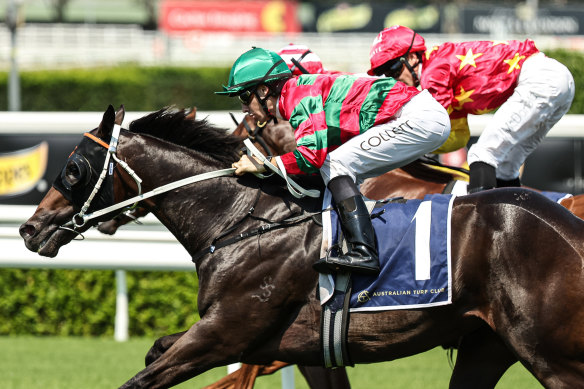 Jason Collett boots home Rivellino to win the Skyline Stakes.