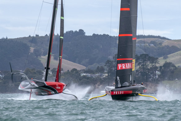 Italy’s Luna Rossa, right, and Team New Zealand at the start of race two on Wednesday.