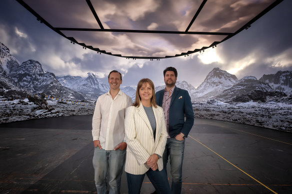 Matchbox Pictures’ Matt Vitins, Vicscreen’s Caroline Pitcher and Nant’s Gary Marshall at the unveiling of the virtual array at Docklands Studios.