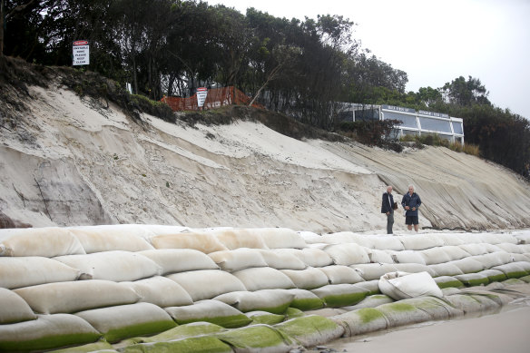 Sandbags protect Beach Byron Bay Cafe after severe erosion on the beach.