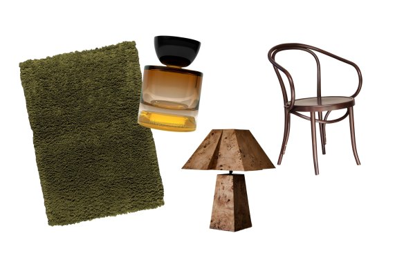 “Poncho” shag rug; “Magnetic 70″ EDP;  “Bohan” lamp; “No. B9 Le Corbusier” chair.  