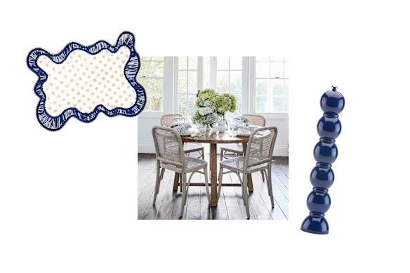 “Baru” place mat; “Connor” dining table; Grande” salt or pepper mill.  