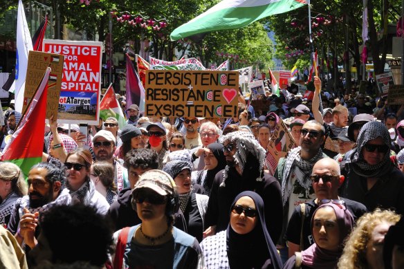 The pro-Palestine rally in Melbourne’s CBD on Sunday.