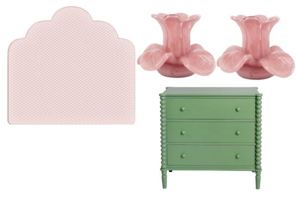 From left: “Bronte” bedhead; “Flower Top” candleholders; “Maisie” chest of drawers.