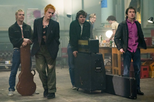 The stars of Danny Boyle’s Pistol (from left): Jacob Slater as Paul Cook, Anson Boon as John Lydon, Wallace as Steve Jones and Christian Lees as Glen Matlock.