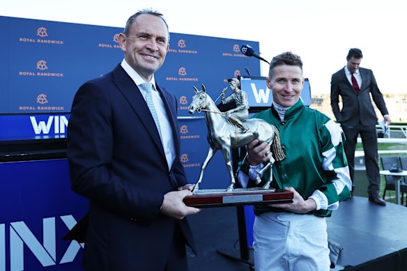 Trainer Chris Waller and jockey James McDonald after the Winx Stakes.