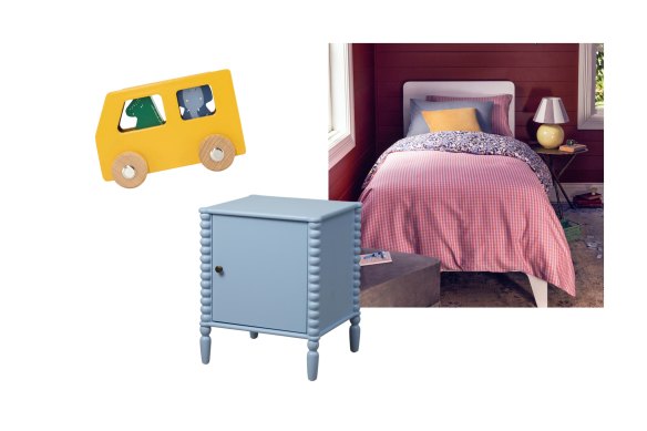 Wooden animal car; “Betti Bobbin” bedside table; “Lettie” quilt cover and sheet set.