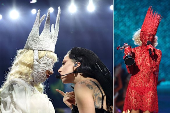 A backup dancer for Mayhem Ball 2025, left, wears a lace look inspired by a red Alexander McQueen Gaga wore to the 2009 VMAs, right.