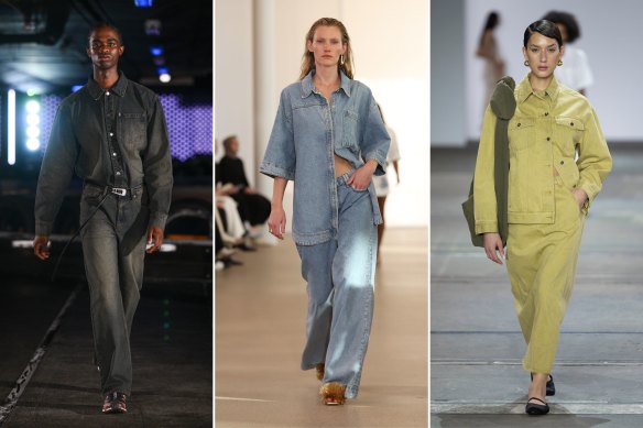 Double denim at Wynn Hamlyn (left) and Aje; coloured denim at Blanca Studio.