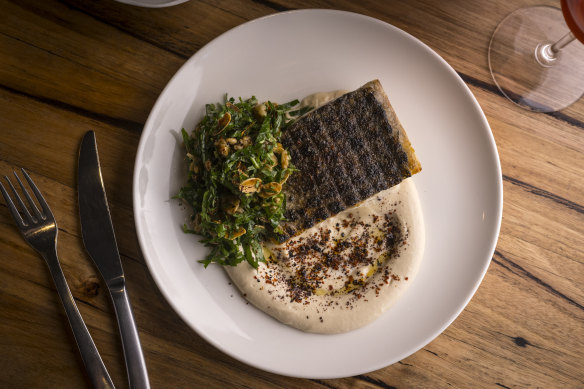 Barramundi, the fish of the day, is plated with “a cornucopia of nuttiness”.