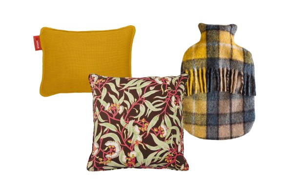 “Ploov” heated cushion, “River Gum Earth” cushion cover, hot-water bottle cover.
