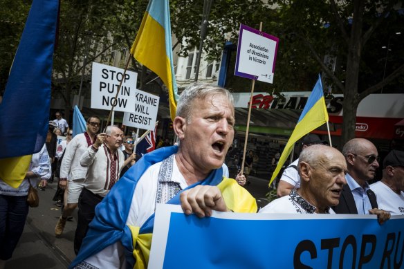 Ukrainian demonstrators in Melbourne on the weekend. 