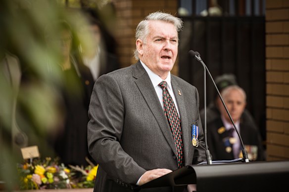 Historian Anthony McAleer addresses the crowd at the Croydon service.