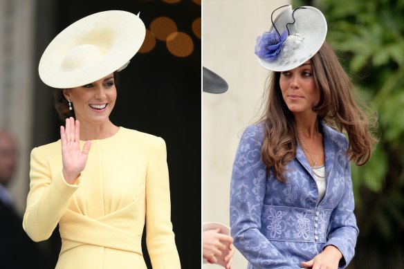 Kate, Duchess of Cambridge at the Service of Thanksgiving for the Queen’s Platinum Jubilee celebrations in an Emilia Wickstead dress and Philip Treacy hat; A less streamlined Kate Middleton in an above-the-knee dress attends the wedding of Nicholas van Cutsem and Alice at The Guards Chapel, Wellington Barracks in 2009.