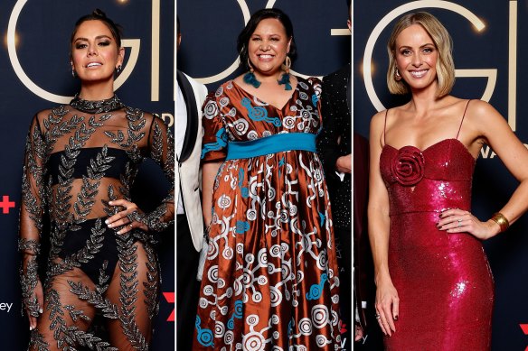 ‘Home & Away’ actor Emily Weir in Mariam Seddiq, NITV presenter Natalie Ahmat in Ikuntji Artists and ‘Today Extra’ co-host Sylvia Jeffreys in Rebecca Vallance champion Australian designers on the 2023 Logie Awards red carpet.