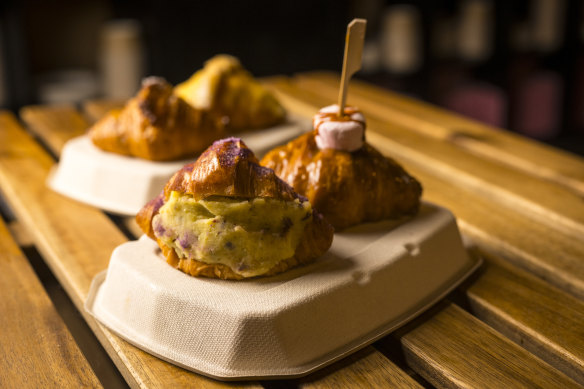 Mini croissants with various fillings, including sweet potato and marshmallow.