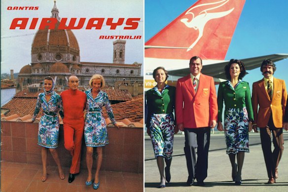 Emilio Pucci reveals his Qantas uniforms on the cover of the airline’s magazine in 1974. They remained in use until 1985.
