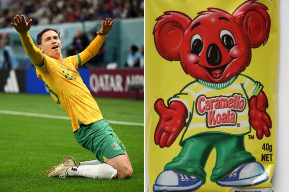Craig Goodwin following his goal in Qatar for the Socceroos in the World Cup and Caramello Koala.