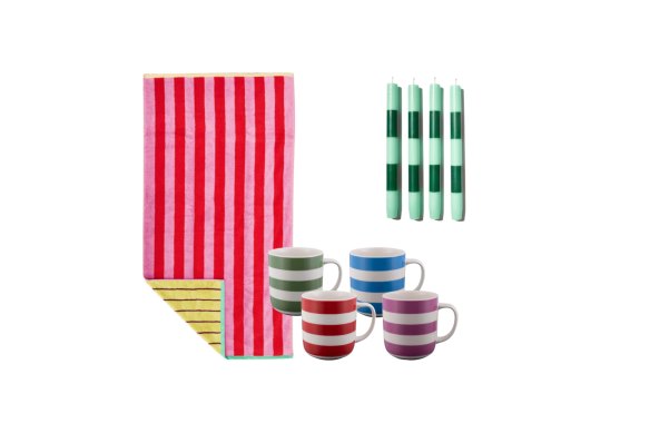 “Fig Stripe” bath towel; “Nautical Striped” mugs; Candles.