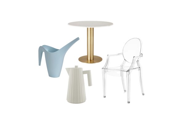“PS 2002” watering can. Alessi “Plisse” kettle; “Tube” dining table; Kartell “Louis Ghost” chair.