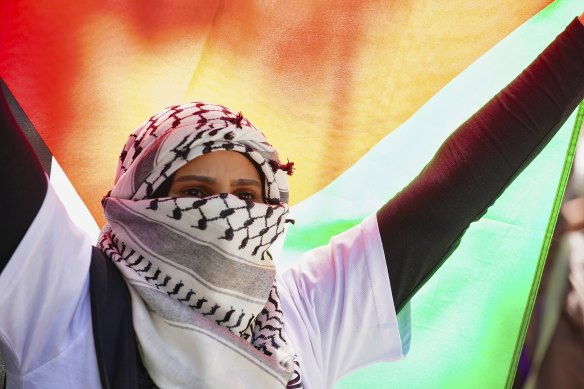 A protester holds the Palestinian flag aloft.
