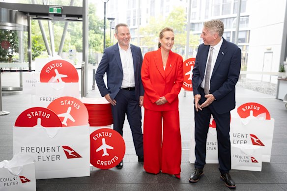 Qantas loyalty boss Andrew Glance, chief executive Vanessa Hudson and chief financial officer Rob Marcolina on Thursday.