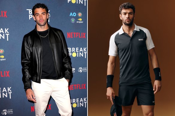 Strike a pose. Italian tennis star Matteo Berrettini at the Melbourne premiere of the Netflix series ‘Break Point’ and modelling his capsule collection with Boss.
