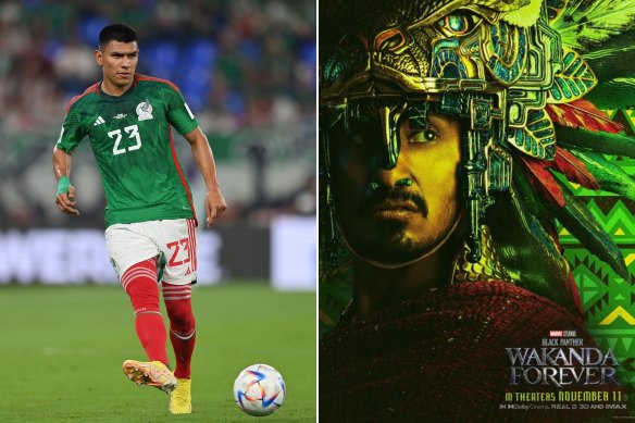 Jesus Gallardo during the World Cup match between Mexico v Poland, in Qatar and Tenoch Huerta as Namor in a poster for ‘Black Panther: Wakanda Forever’.