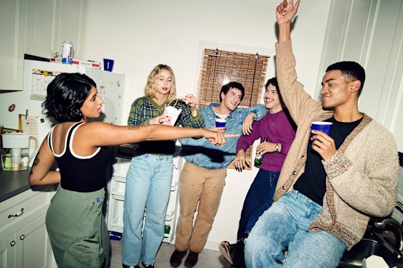 The stars of Adults (from left): Amita Rao as Issa, Lucy Freyer as Billie, Malik Elassal as Samir, Jack Innanen as Paul Baker and Owen Thiele as Anton.