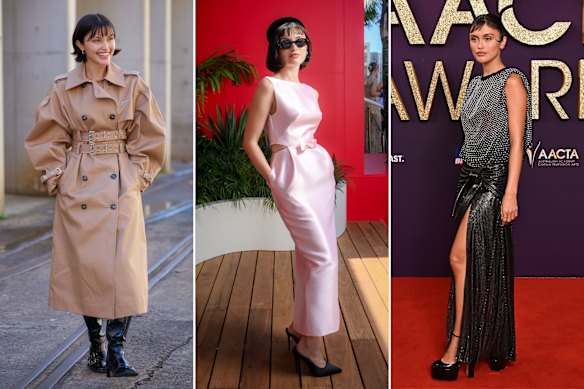 A cantora modelo Sarah Ellen na Australian Fashion Week em Sydney, em maio, vestindo um sobretudo Ganni; Oaks Day no Flemington Racecourse em novembro com Effie Kats; no AACTA Awards na Gold Coast em fevereiro vestindo Rabanne.